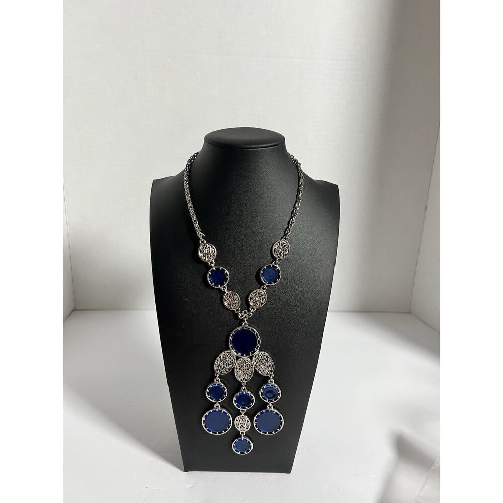 Vintage Blue Silver Tone Dangle Drop Y Necklace 15” L